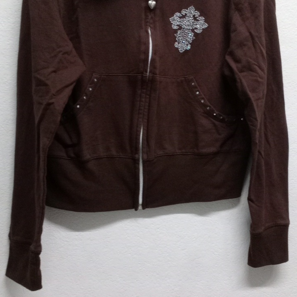 Y2K Brown Silver Bling Cross Cropped Silver Heart Zipper Full Zip Up Jacket - Picture 2 of 6